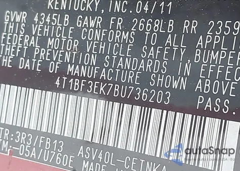 2011 Toyota Camry Le z USA, uszkodzony, nr VIN 4T1BF3EK7BU736203